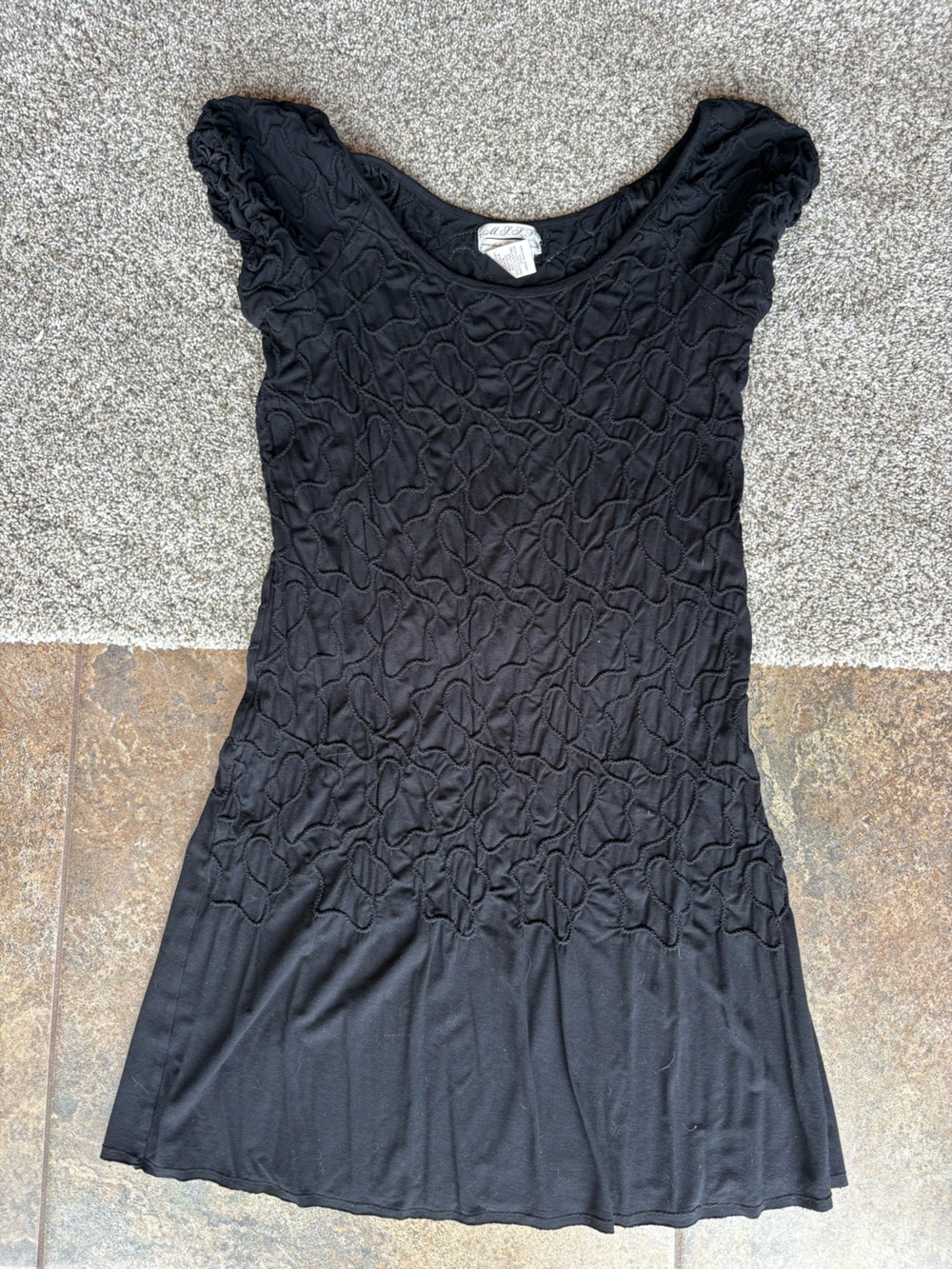 Textured Black Cap-Sleeve Mini Dress